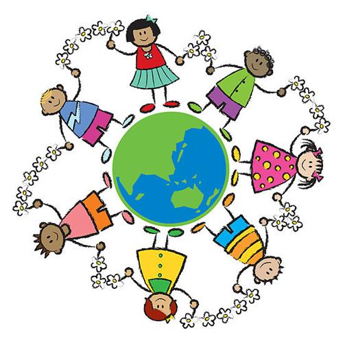 kids holding hands around a globe